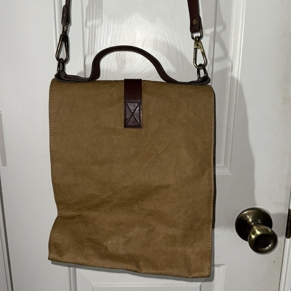 Eco-Beige Brown Leather-Trimmed Brown Paper Bag Crossbody Bag Recycled 9x11x5.5 - Picture 8 of 11